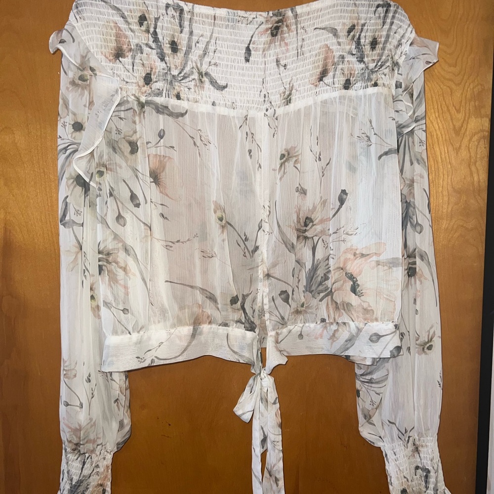 ARULA White Gray Asymmetrical Tie Front Blouse